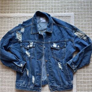 Distressed oversized blue jean jacket